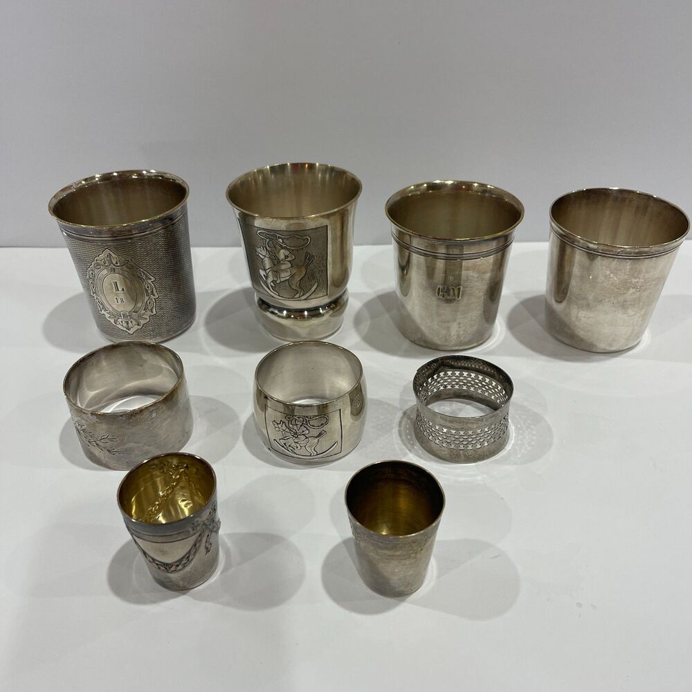 Vintage French Silver Plated:  4 Baby Tumblers, 3 Napkin Rings, 2 Shot Glasses